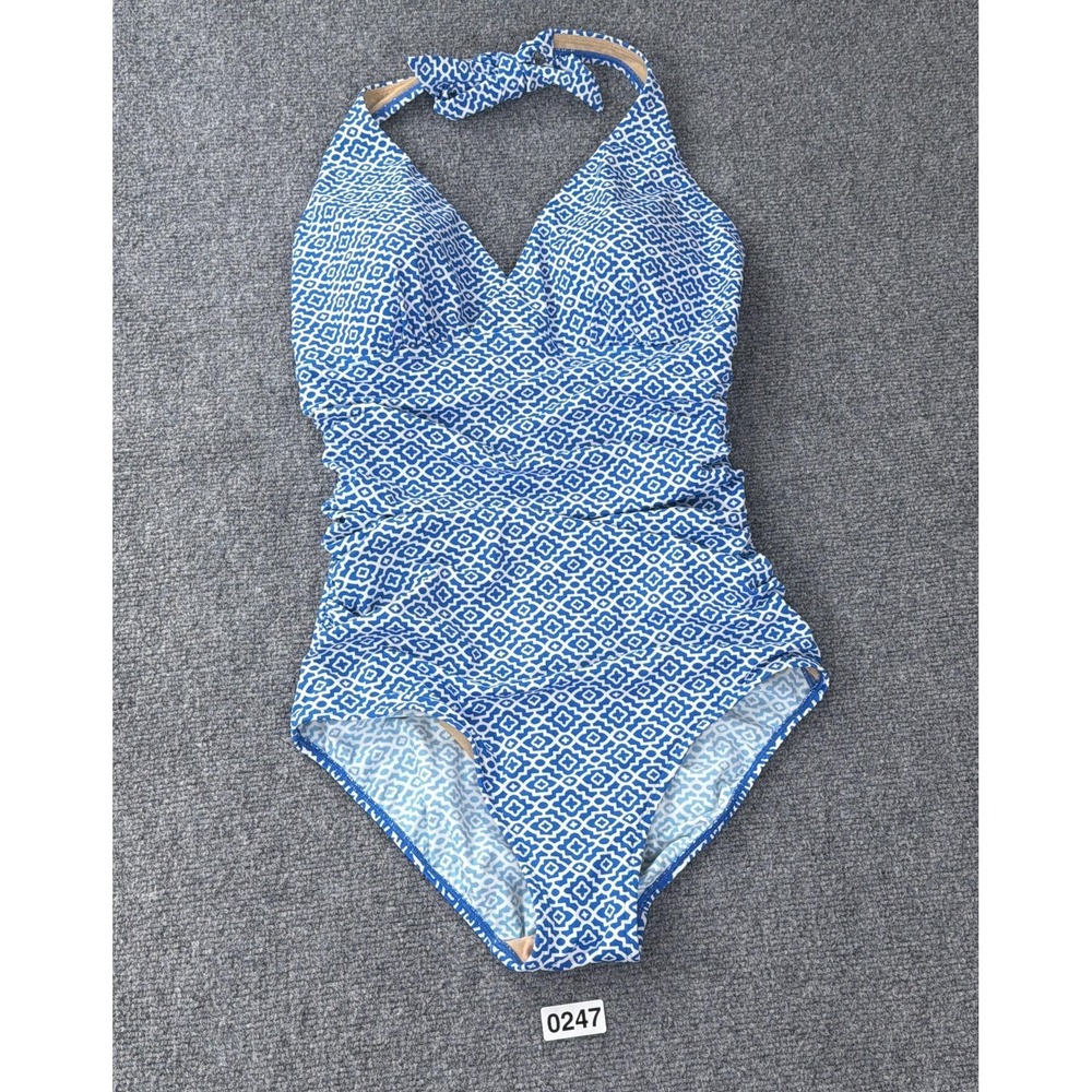 LL Bean Swimsuit Womens 14 Blue Geometric Halter One Piece UPF 50+ Lined